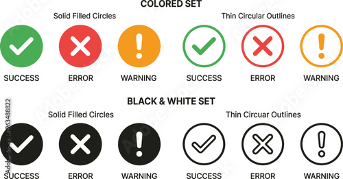 Check mark cross and exclamation point icon set for success error and warning status in solid and line style