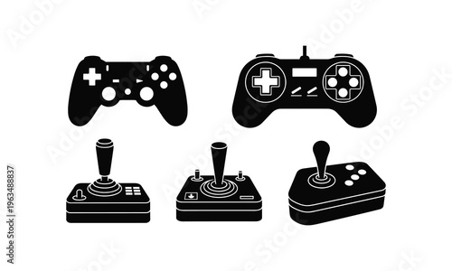 Classic and modern video game controllers collection in black and white