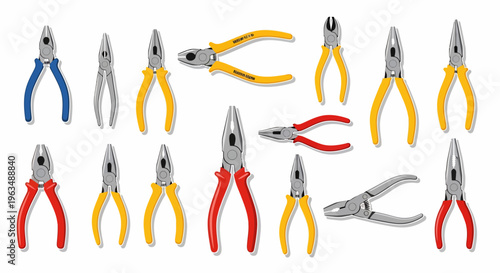 Collection of various colored pliers.
