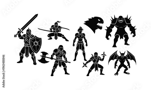 Fantasy characters and creatures in classic black and white silhouettes