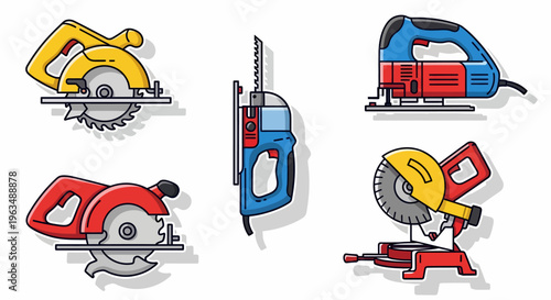 Collection of various power saws tools.
