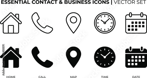 Minimalist contact icon set featuring home phone location pin clock and calendar in line and solid style