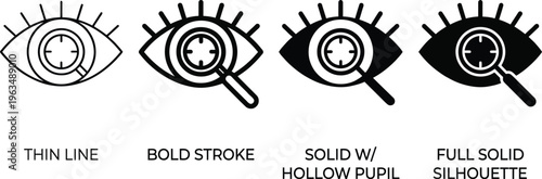 Set of eye search icons with magnifying glass in line art and solid silhouette style for analysis and vision