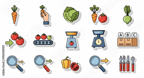 Colorful icons of vegetables and kitchen tools.