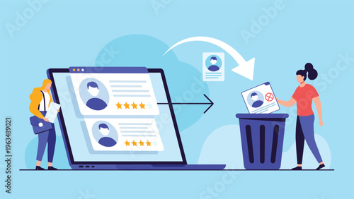 Recruitment process showing a woman discarding a job candidate profile from a laptop into a trash bin on blue.