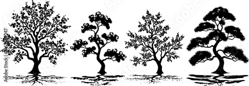 Japanese bonsai tree silhouette collection in pots, miniature zen garden plant vector set isolated for oriental decor, botanical illustration and landscape design graphics