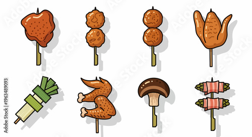 Colorful variety of food on skewers.