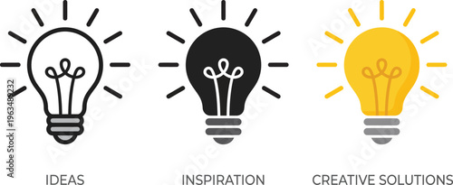 Set of light bulb icons representing idea inspiration and creativity in line art and yellow flat design