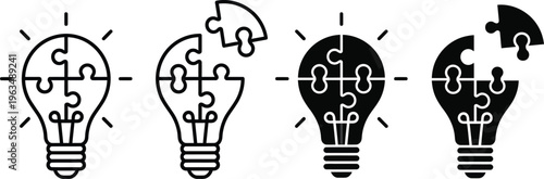 Set of light bulb puzzle icons for problem solving and creative thinking in line art and solid style