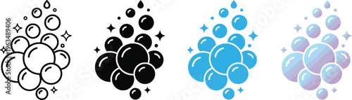 Set of soap bubble icons in various styles including line art solid silhouette and blue flat design