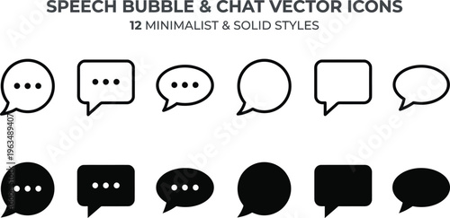 Set of speech bubble and chat icons in various shapes including line art and solid silhouette style
