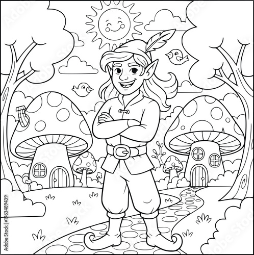 Coloring page showing a happy elf standing in a village of mushroom houses
