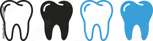 Set of tooth icons for dental care and dentistry in line art and solid silhouette style