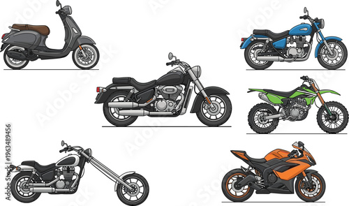 Collection of diverse motorcycle and motorbike silhouettes including scooter, cruiser, chopper, dirt bike, sport, and touring styles, representing transportation, vehicle design, and modern 
