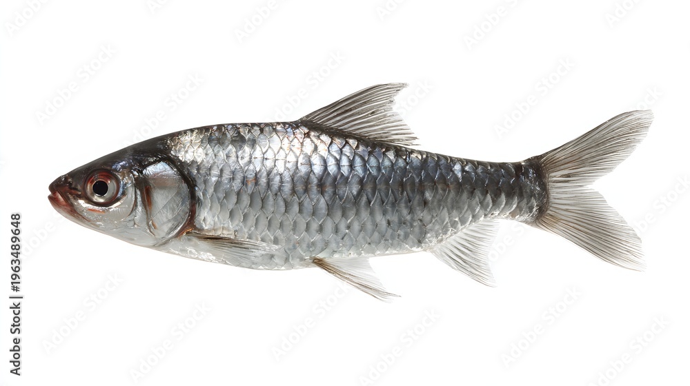 Fototapeta premium Studio Shot of a Fresh Silver Freshwater Fish with Shimmering Scales, Isolated on White