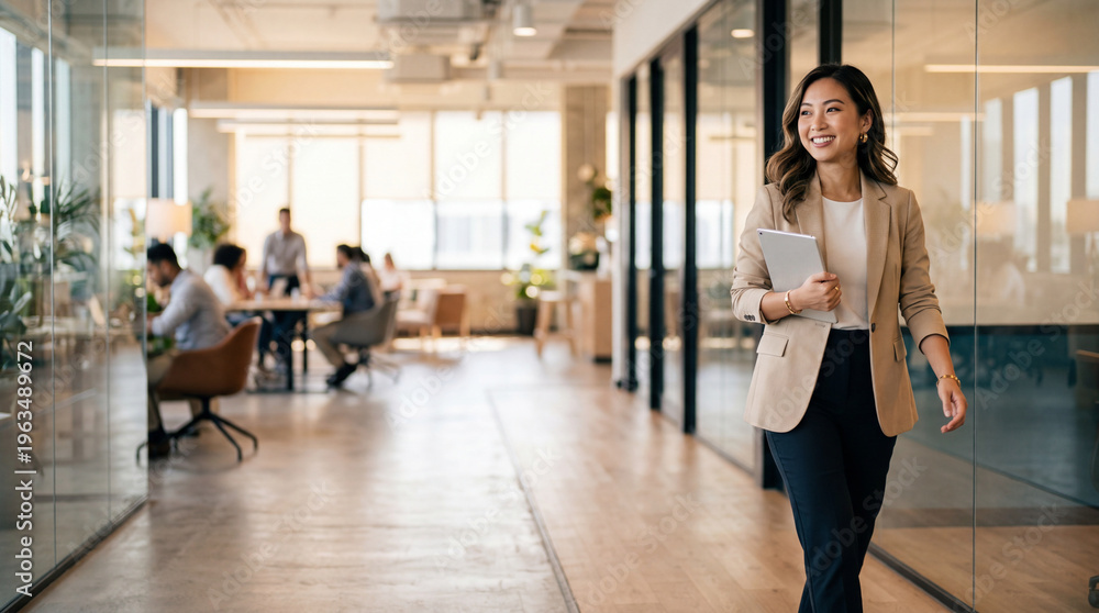 Fototapeta premium Confident young Asian businesswoman smiling and walking with a digital tablet in a bright modern office corridor with a diverse team collaborating in the blurred background