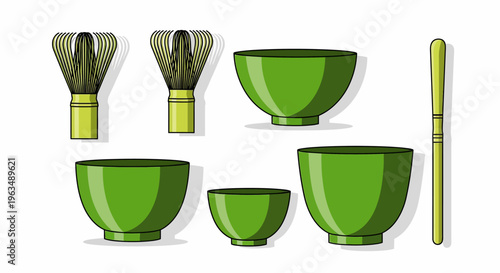 Green tea set with brushes.