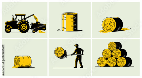 Hay bales and tractor illustration set.