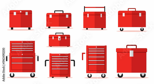 Red metal toolboxes on wheels collection.