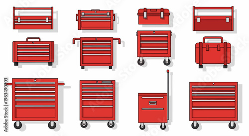 Red metal toolboxes on wheels collection.