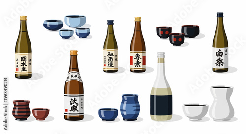 Sake bottles and ceramic cups.