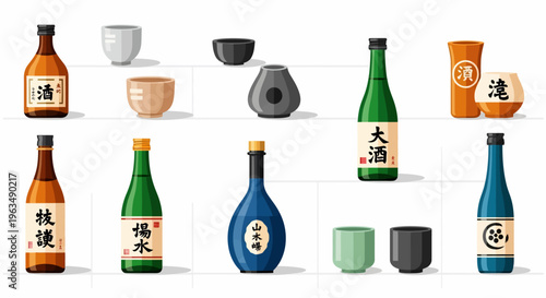 Sake bottles and cups on shelf.
