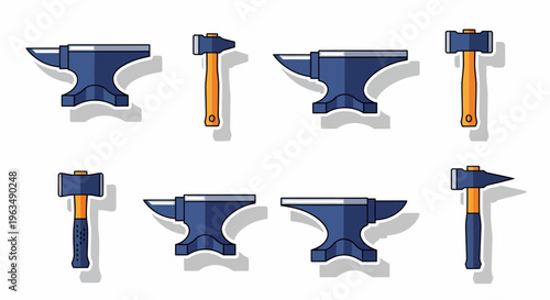 Set of metal anvil and hammers.