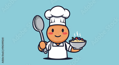 Smiling cartoon chef holding bowl food.