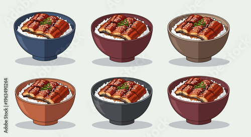 Six bowls of sushi on plates.