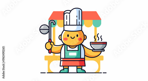 Smiling cartoon chef holding bowl spoon.