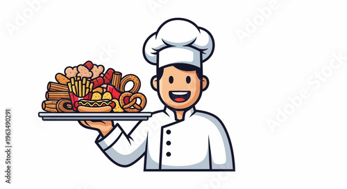 Smiling chef holding food tray.