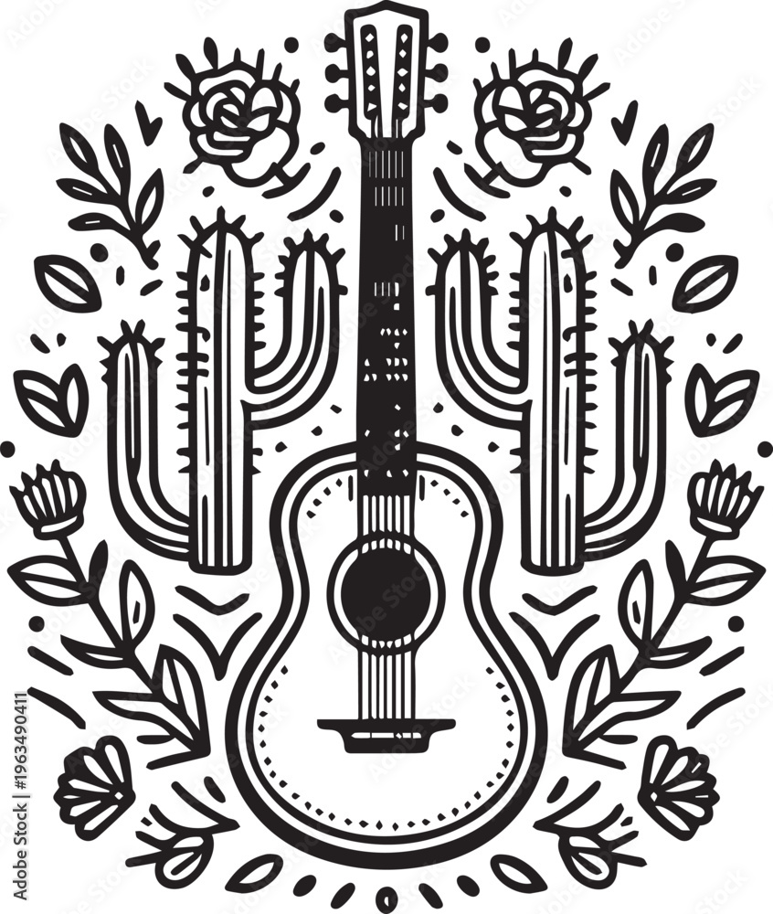 Fototapeta premium Mexican themed guitar illustration with cacti flowers and folk art decorative motifs