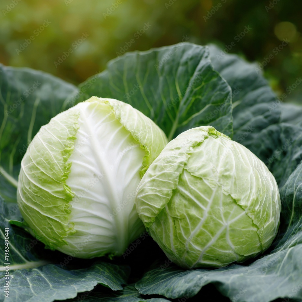 Obraz premium Fresh green cabbage heads on leafy background in natural sunlight