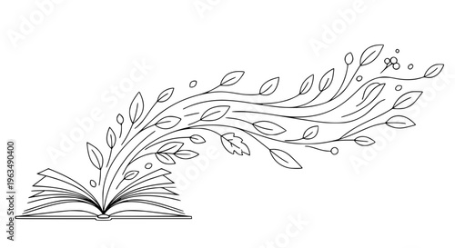 An open book with stylized leaves and branches emerging from its pages, symbolizing growth and imagination