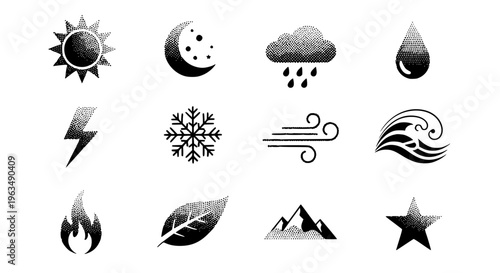 Collection of Weather and Nature Symbols Featuring Sun, Moon, Rain, Water, Lightning, Snowflake, Wind, Wave, Fire, Leaf, Mountain, and Star Icons