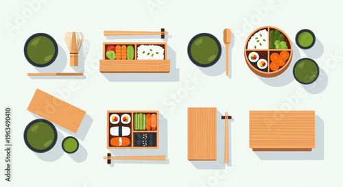 Sushi rolls and ingredients displayed.