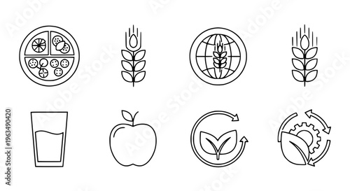 Line art icon set illustrating sustainable food systems, organic agriculture, natural resources, and eco-friendly practices for healthy living and environmental care
