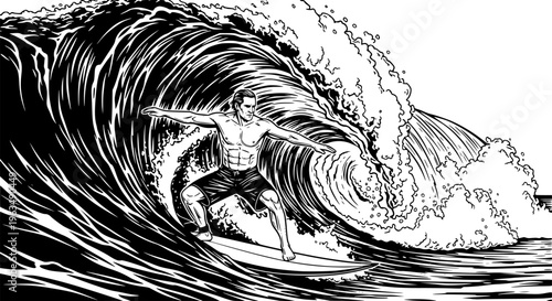 Athletic male surfer balancing on a large ocean wave illustration: Design for summer surf school flyers, extreme sports brand apparel, or tropical travel promotion posters. Transparent EPS version.