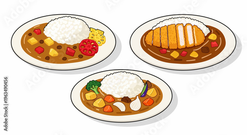 Three plates of curry with rice.