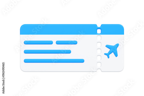 3D airplane boarding pass ticket with plane icon on white background. Minimal illustration representing air travel, flight booking, airline tickets and transportation concept