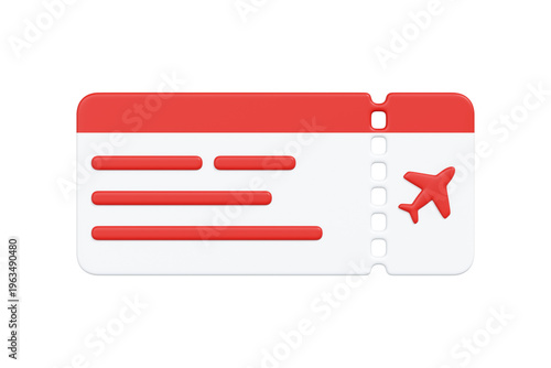 Fotografie 3D red airplane boarding pass ticket with plane icon on white background