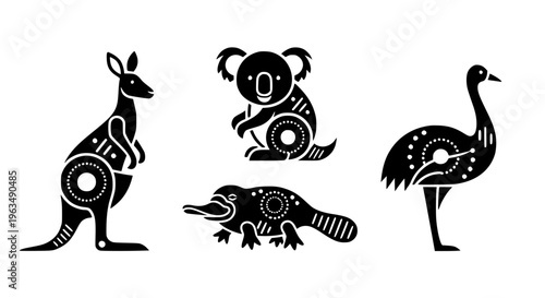 Collection of Indigenous Australian Animal Icons featuring a Kangaroo, Koala, Platypus, and Emu in a stylized, graphic art design