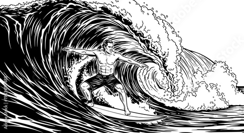 Athletic male surfer balancing on a large ocean wave illustration: Design for summer surf school flyers, extreme sports brand apparel, or tropical travel promotion posters. Transparent SVG version.