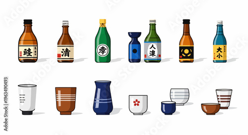 Sake bottles and ceramic cups.