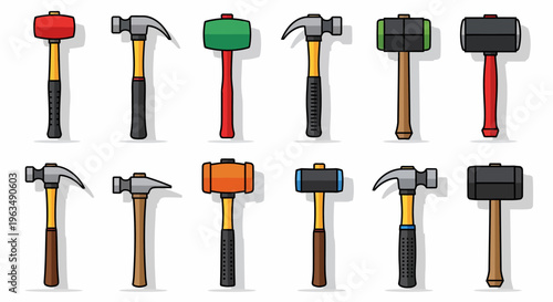 Variety of colorful hammers tools.