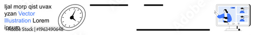 Time management, remote work, communication tools, productivity, online scheduling, collaboration. Clock and computer screen with video conference. Time management and remote work concepts