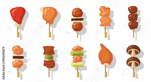 Variety of meat and vegetable skewers.
