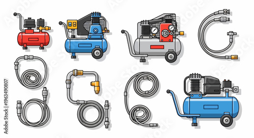 Air compressor machines and hoses.