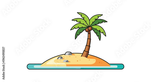 A cartoon illustration depicts a tropical island with a palm tree