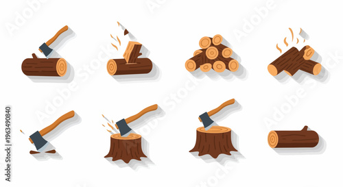 Axe chopping wood logs illustration set.